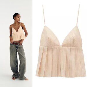 NWT New ZARA Pleated Cropped Beige Top Size S